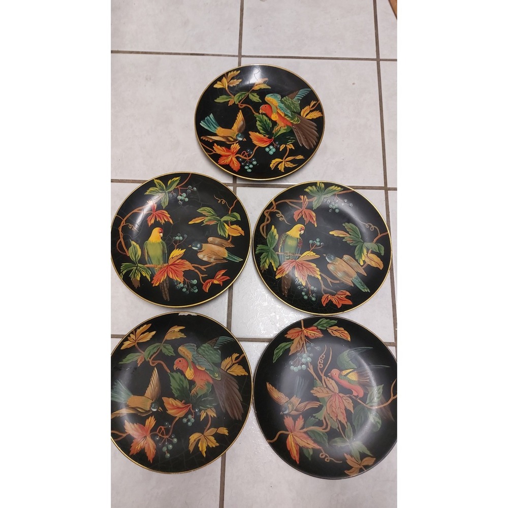 10" ANDREA by SADEK Parakeets on Branches Black HANDPAINTED Display Decorative